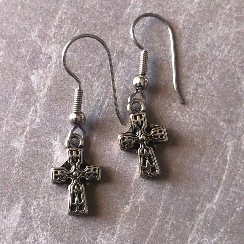 Cross Silver Tone Dangle Earrings